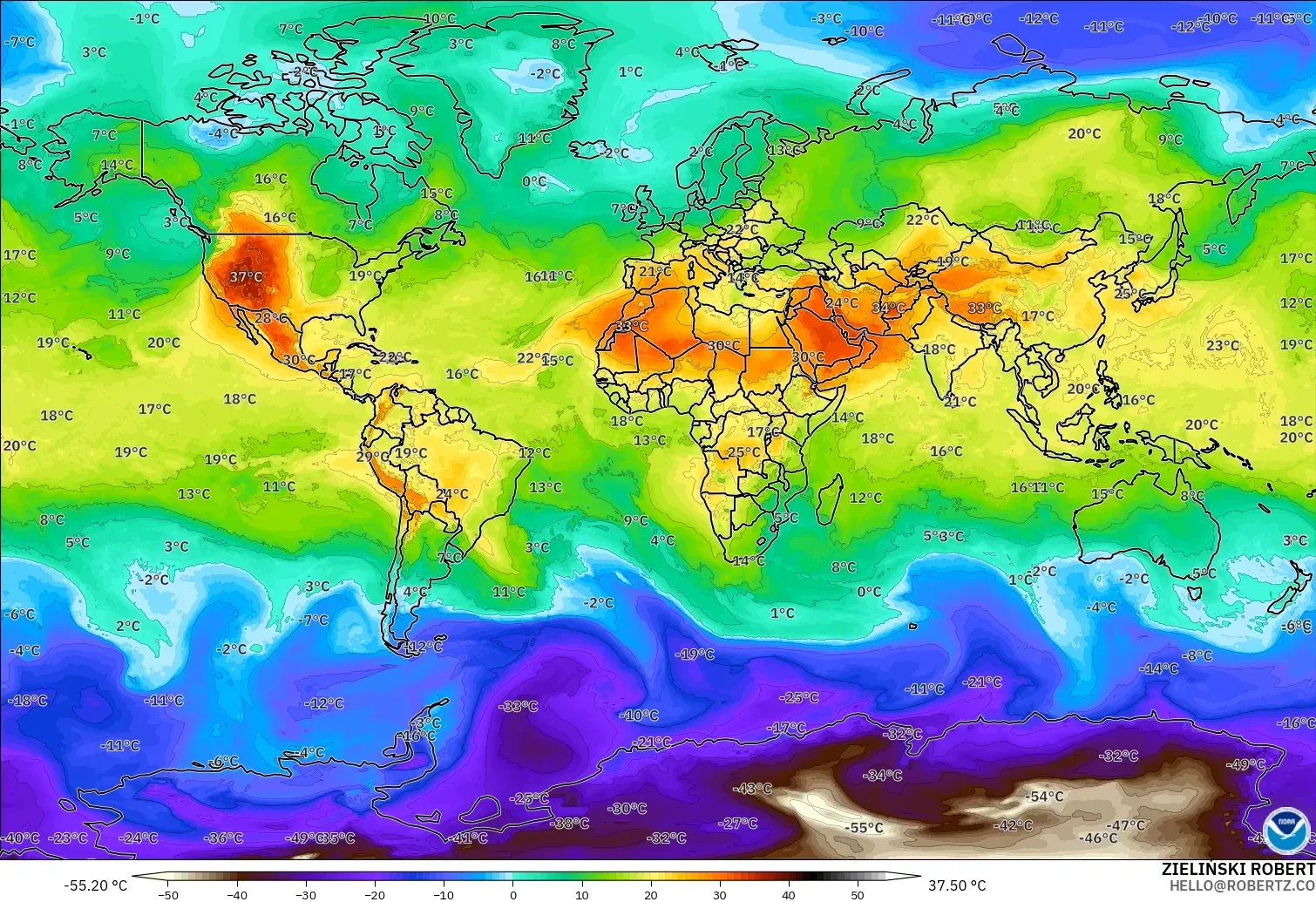 GFS modelo - Mundo, Temperatura a 850 hPa