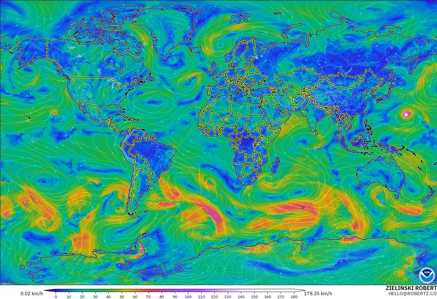 GFS modelo - Mundo, Viento a 10 m