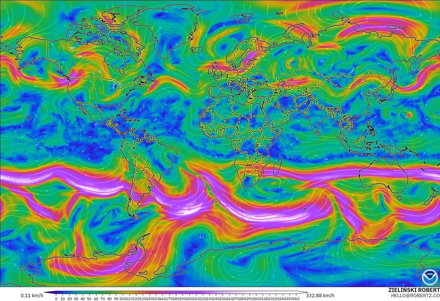 GFS modelo - Mundo, Viento a 300 hPa (corriente en chorro)