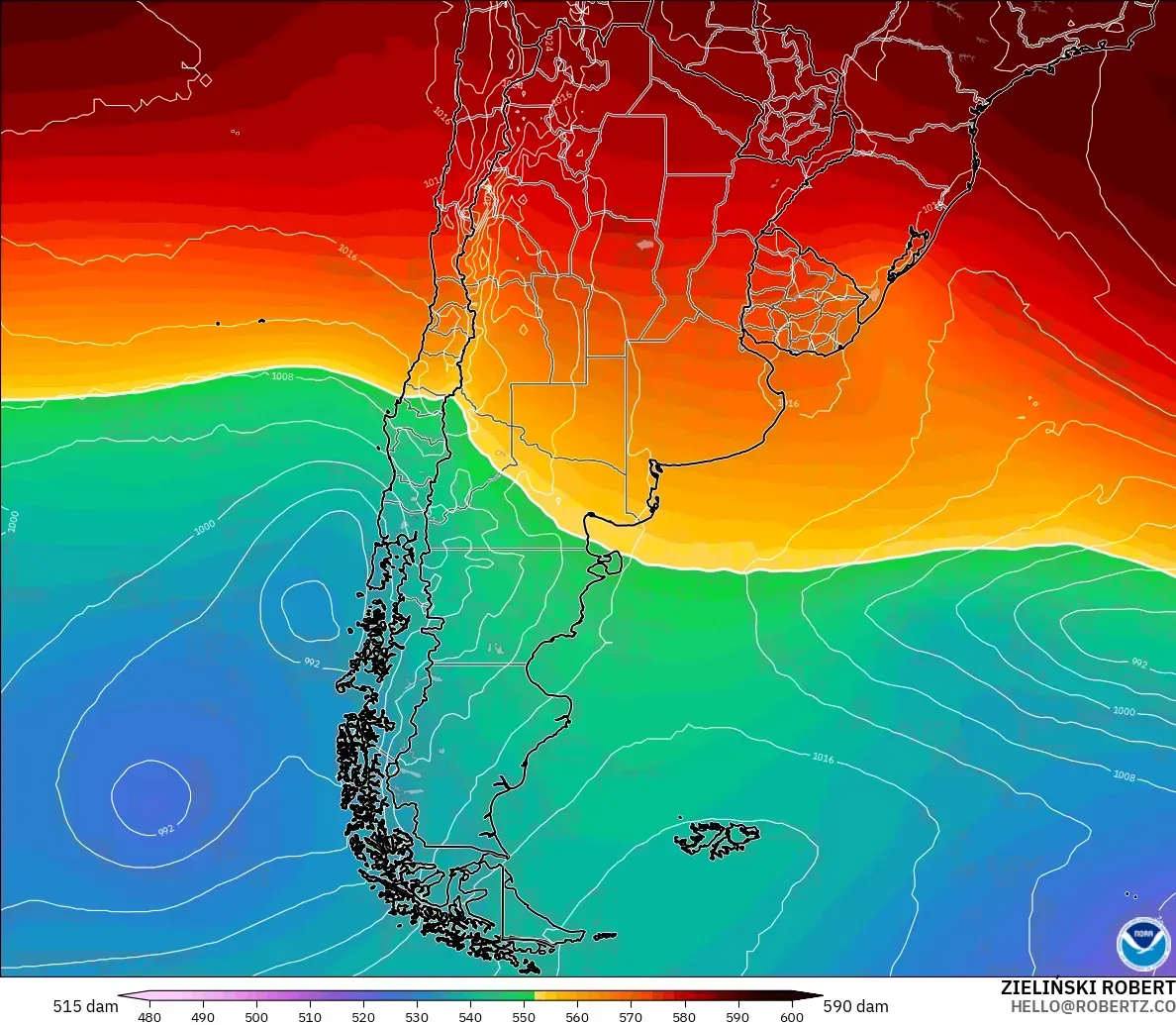 GFS modelo - Argentina, Altura geopotencial a 500 hPa
