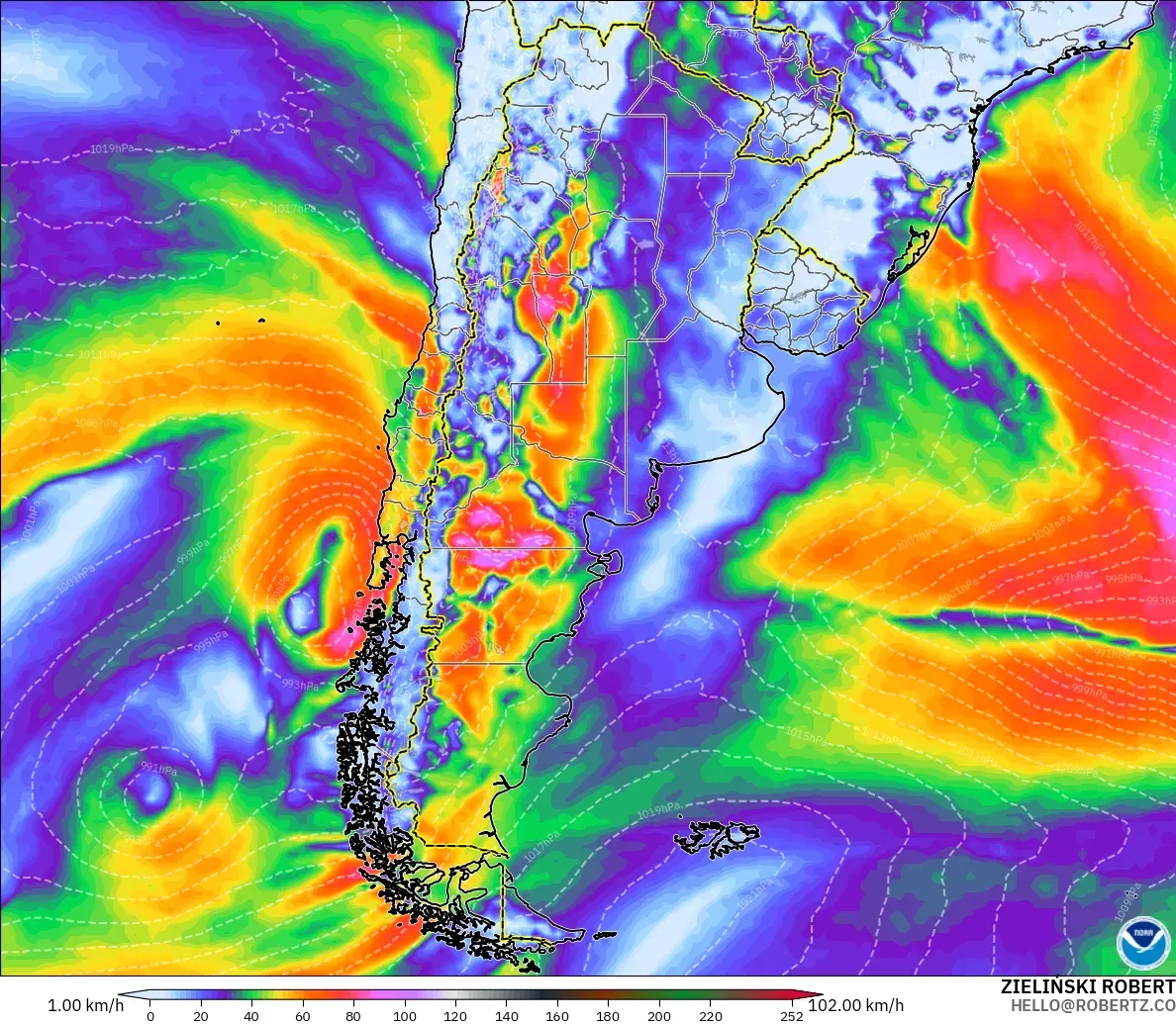 GFS modelo - Argentina, Ráfagas de Viento Máximas