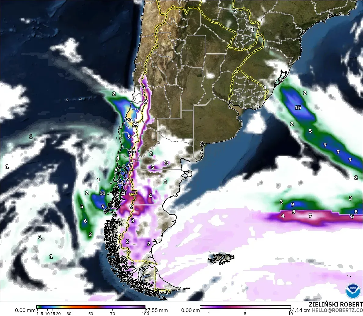 GFS modelo - Argentina, Precipitación, nubes y presión