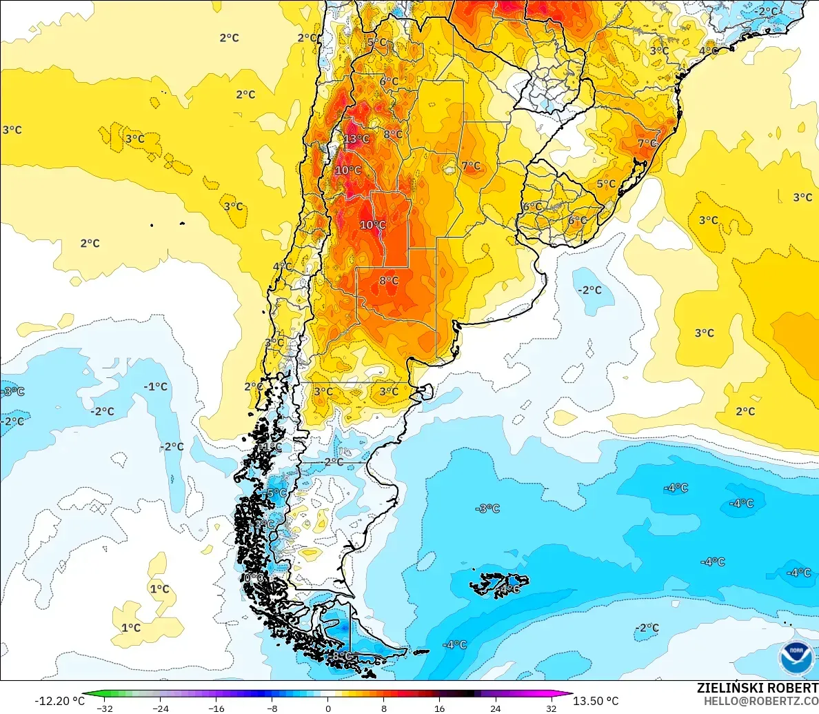 GFS modelo - Argentina, Anomalía de temperatura a 2 m
