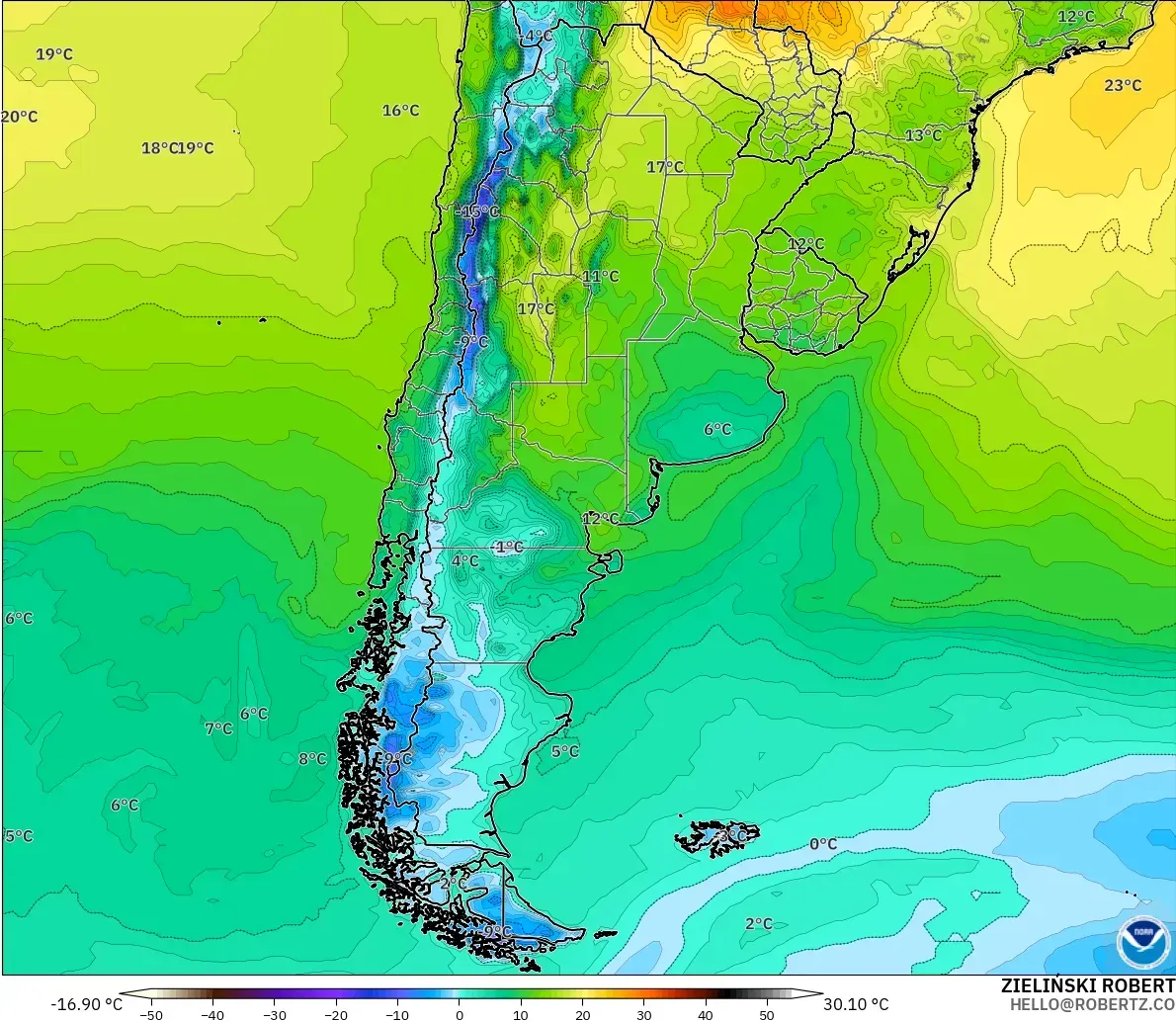 GFS modelo - Argentina, Temperatura a 2 m
