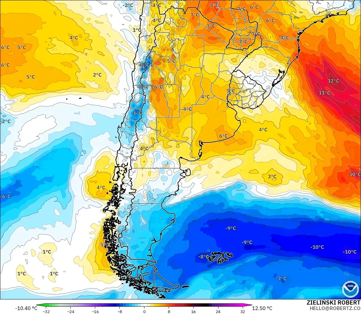 GFS modelo - Argentina, Anomalía de temperatura a 850 hPa