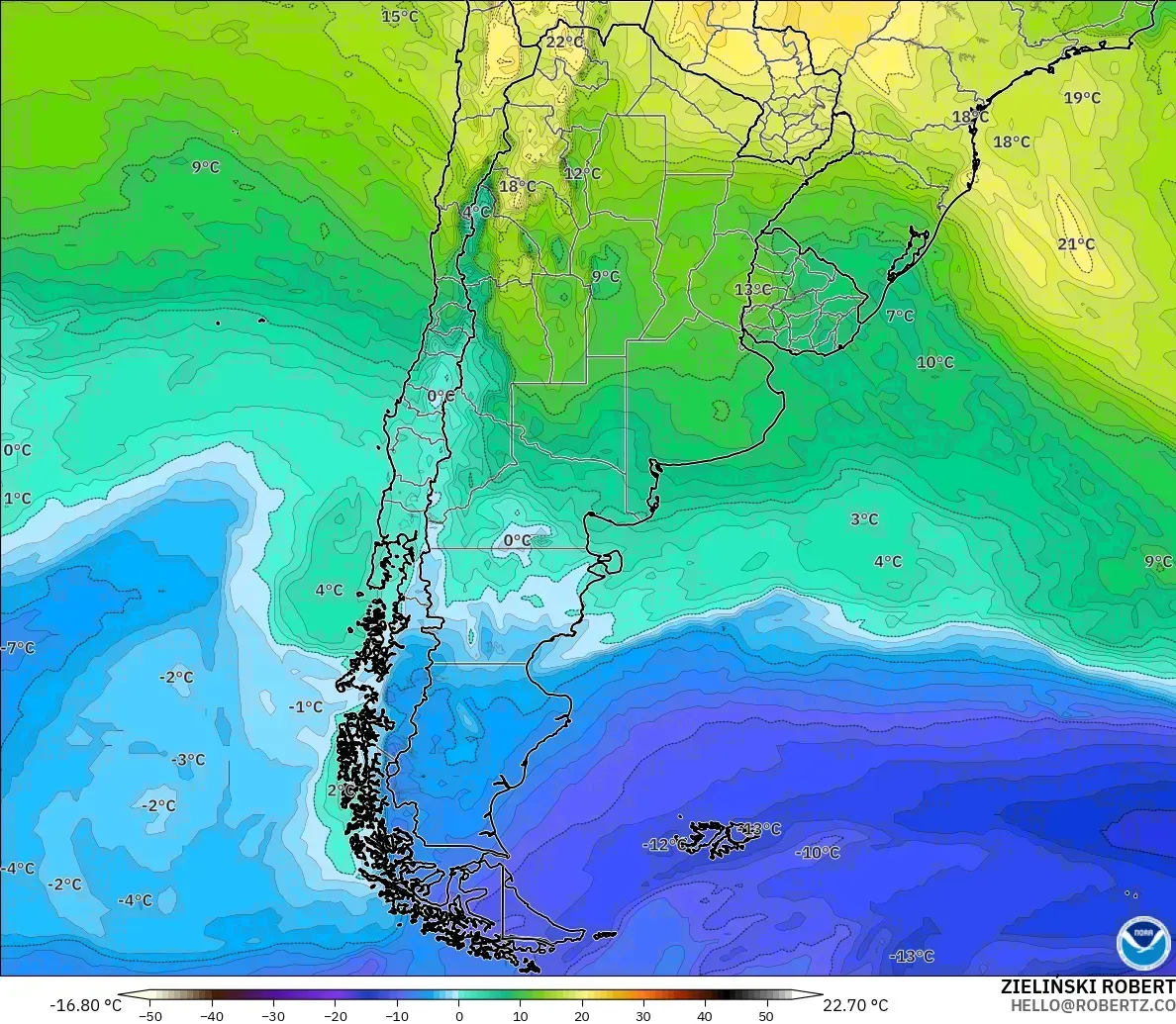 GFS modelo - Argentina, Temperatura a 850 hPa