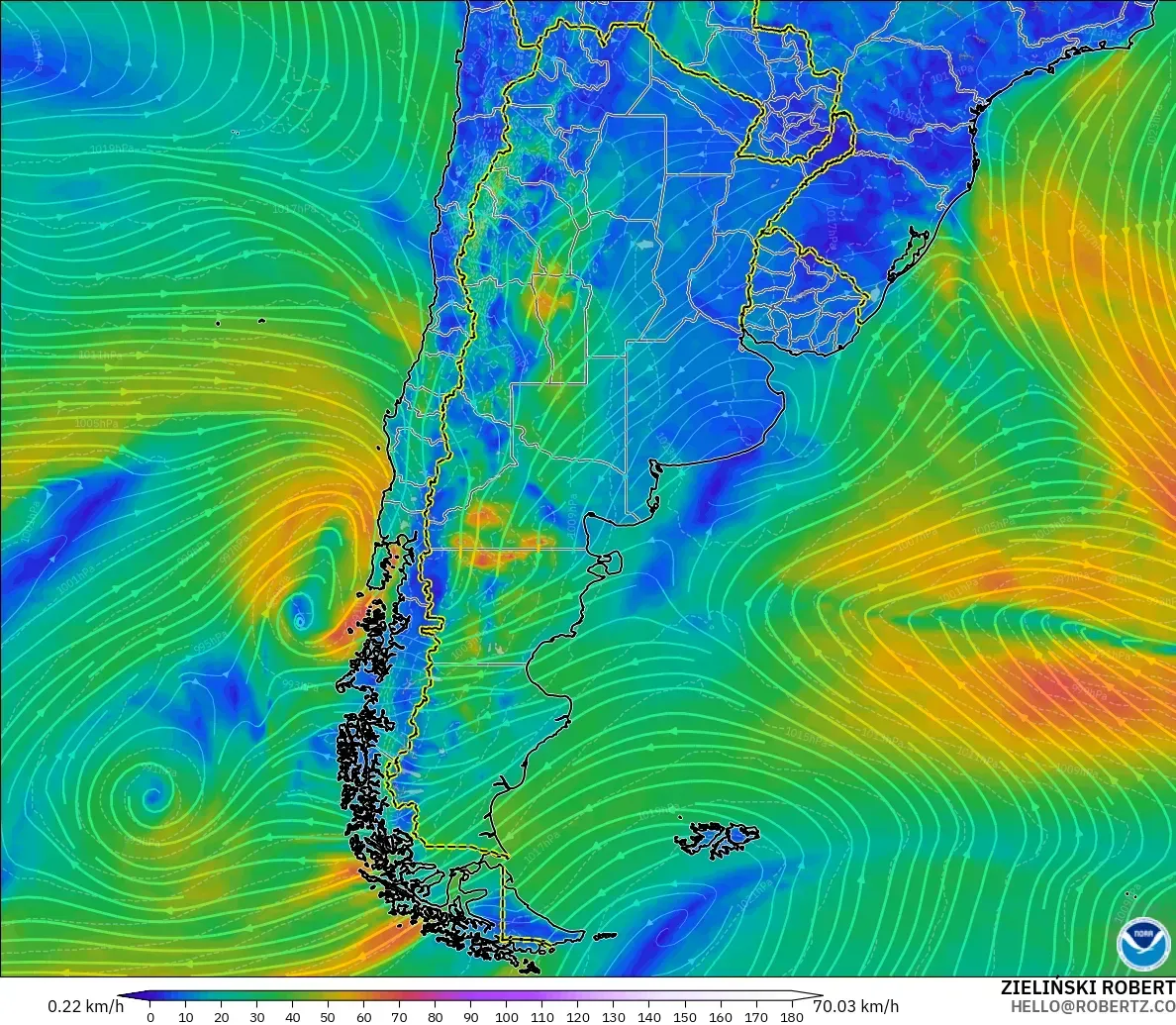 GFS modelo - Argentina, Viento a 10 m