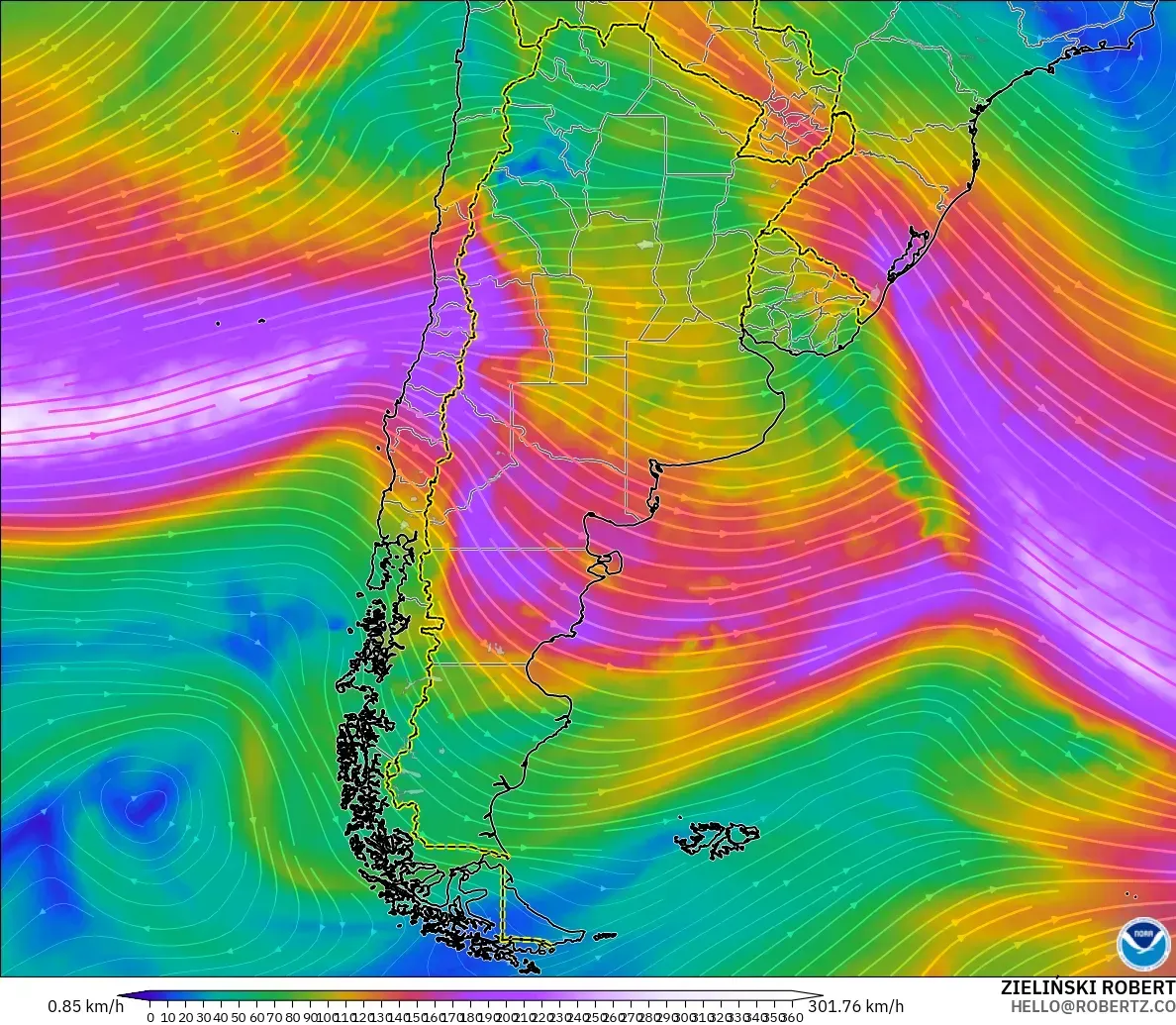 GFS modelo - Argentina, Viento a 300 hPa (corriente en chorro)