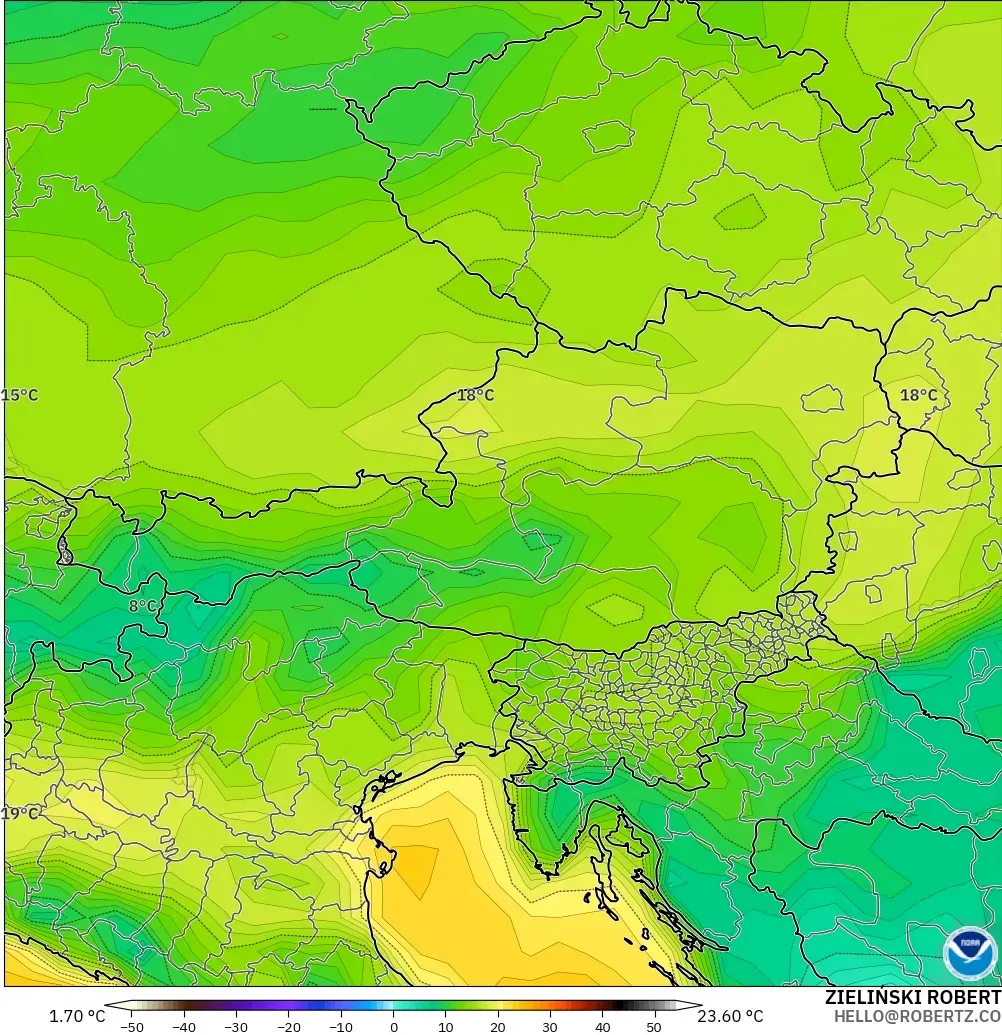 GFS modelo - Austria, Punto de rocío a 2 m