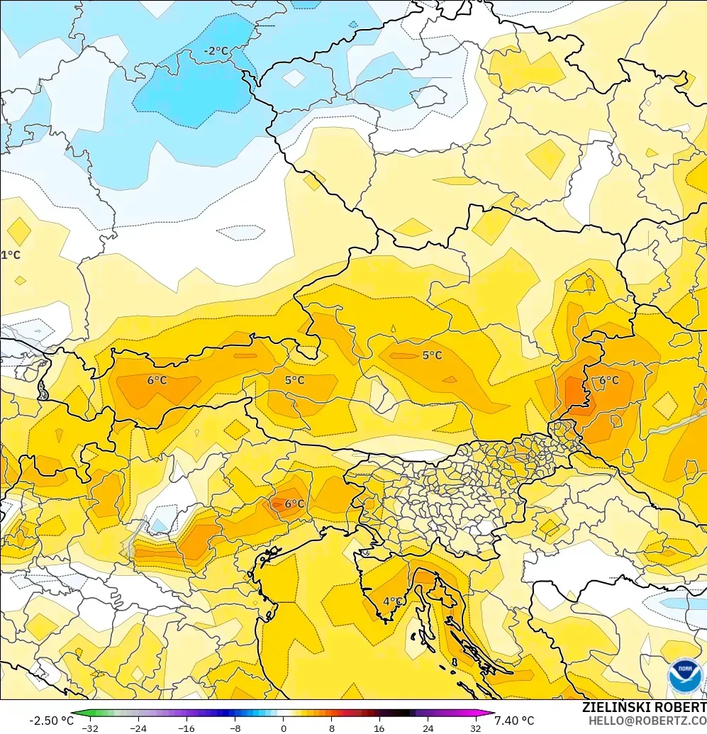 GFS modelo - Austria, Anomalía de temperatura a 2 m