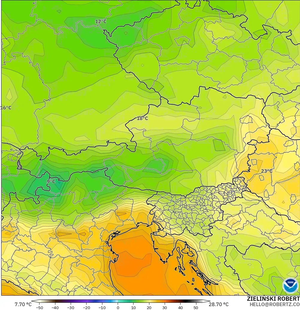 GFS modelo - Austria, Temperatura a 2 m