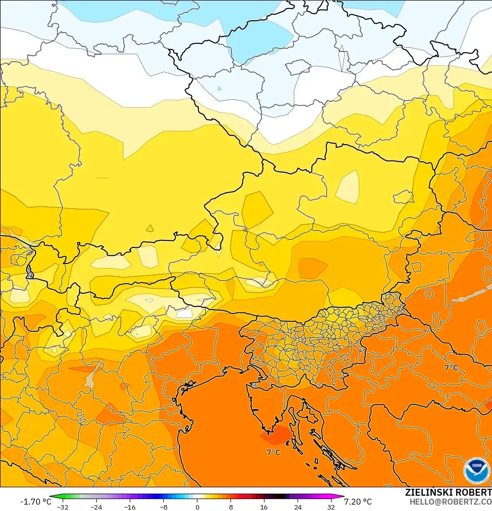 GFS modelo - Austria, Anomalía de temperatura a 850 hPa