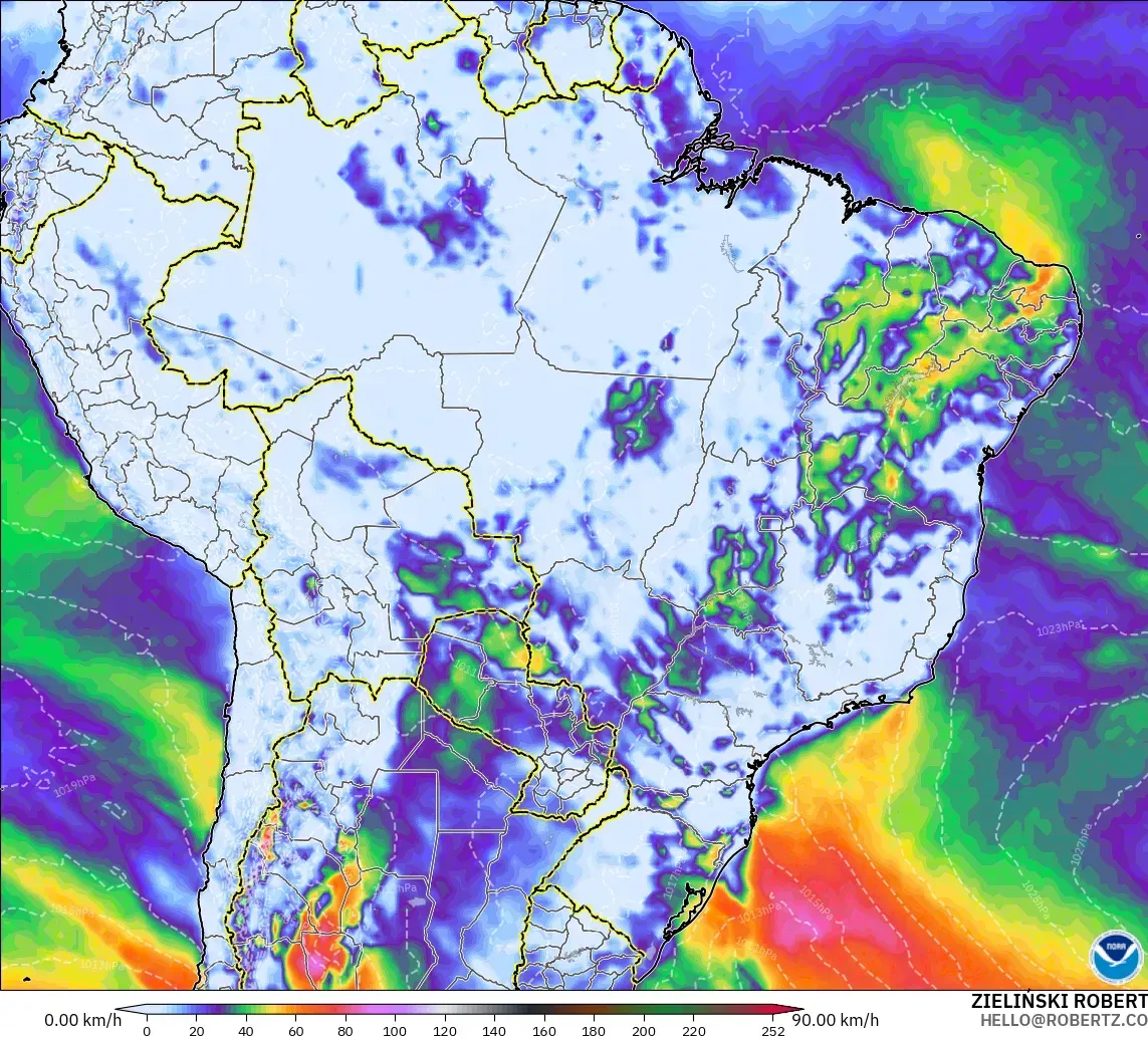 GFS modelo - Brasil, Ráfagas de viento