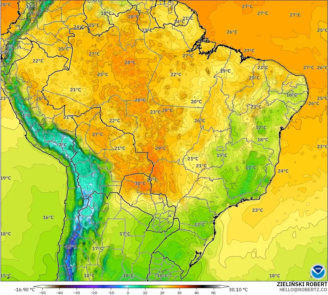 GFS modelo - Brasil, Temperatura a 2 m