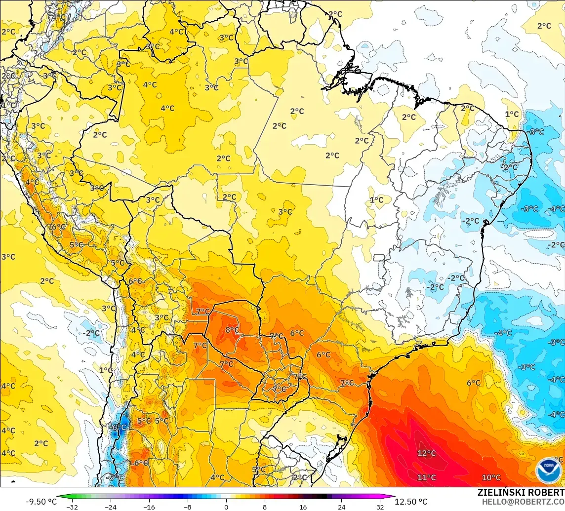 GFS modelo - Brasil, Anomalía de temperatura a 850 hPa