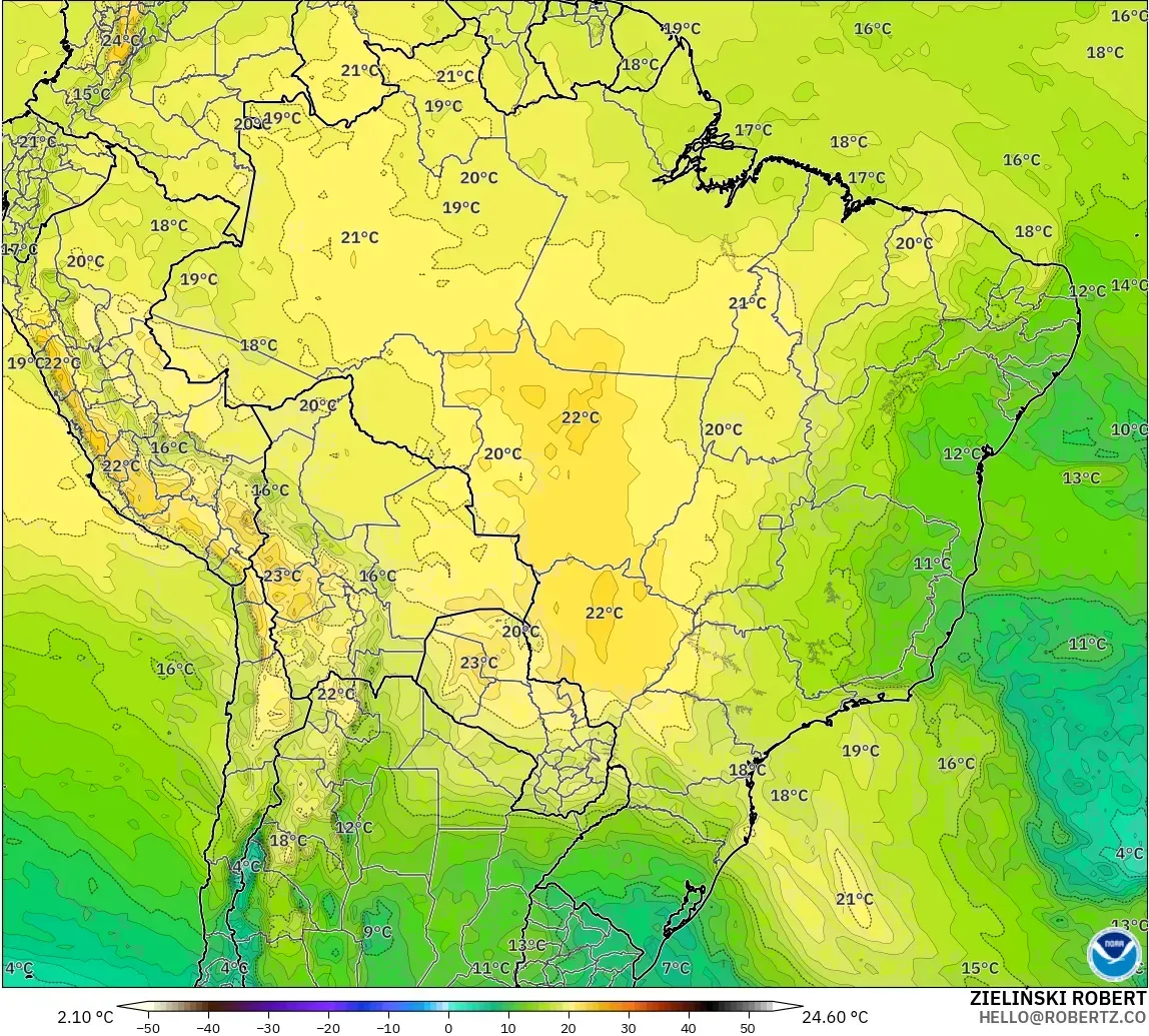 GFS modelo - Brasil, Temperatura a 850 hPa