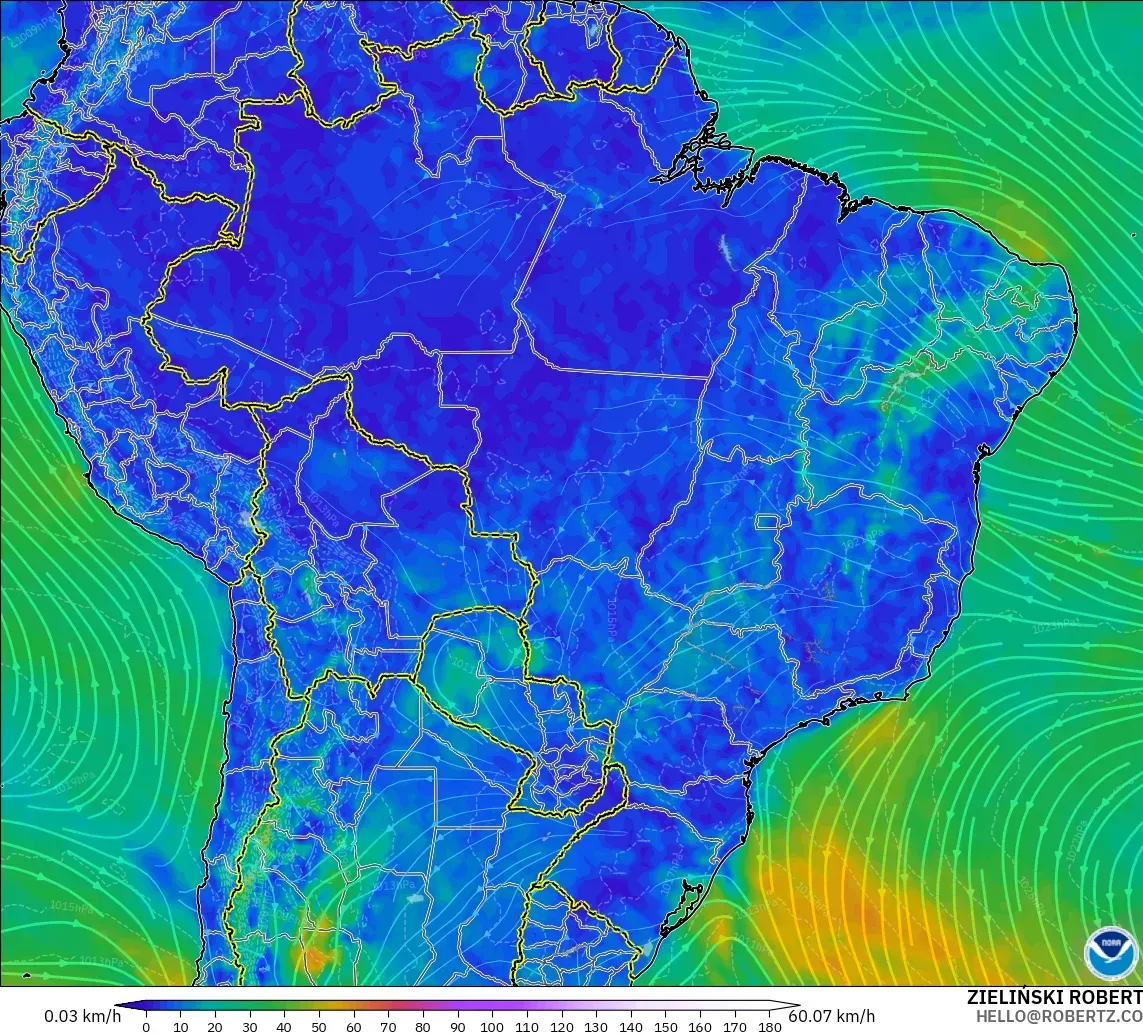 GFS modelo - Brasil, Viento a 10 m
