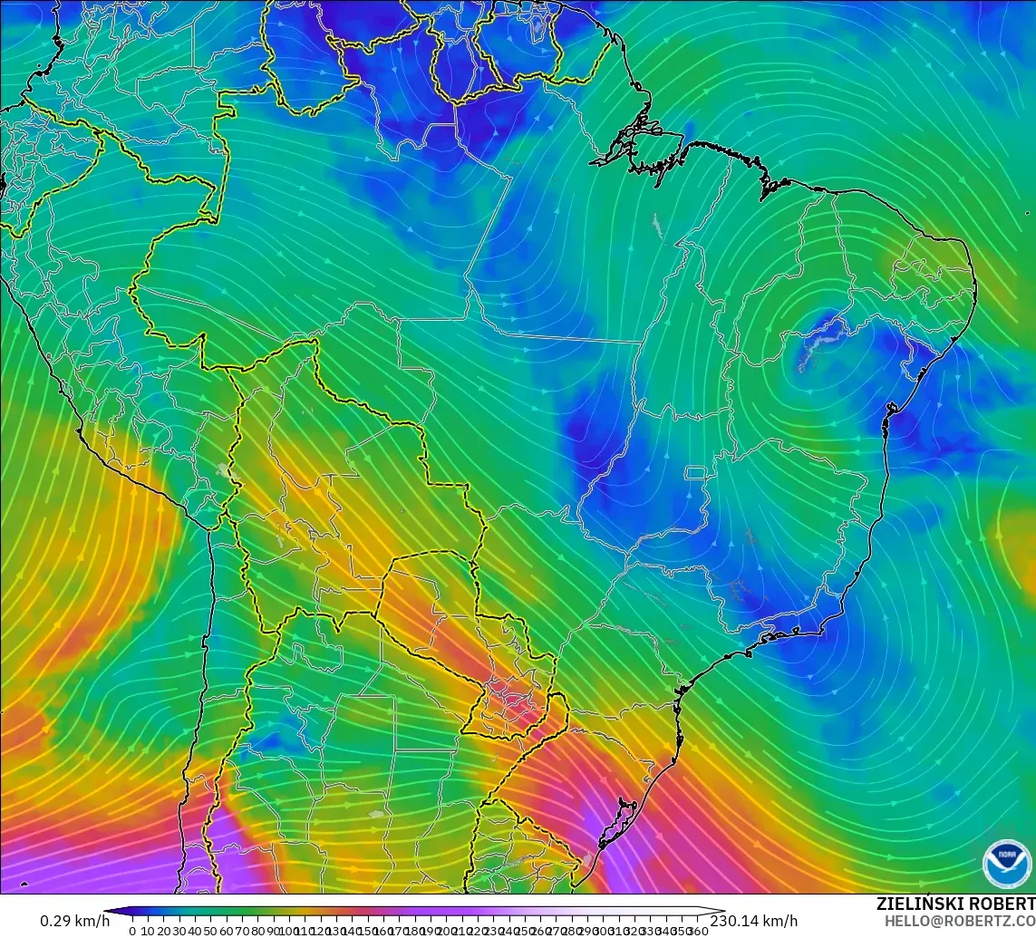 GFS modelo - Brasil, Viento a 300 hPa (corriente en chorro)
