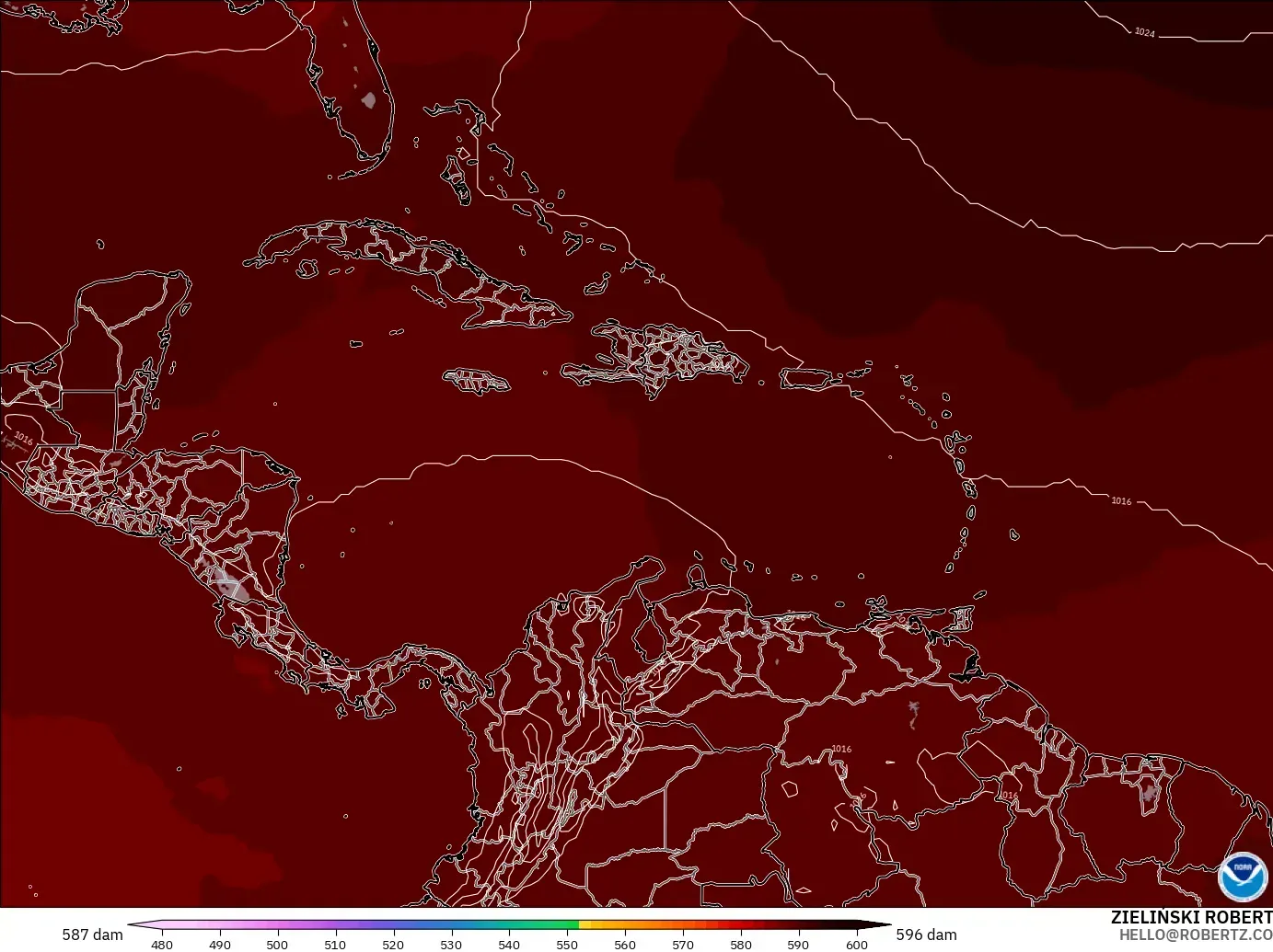 GFS modelo - Caribe, Altura geopotencial a 500 hPa