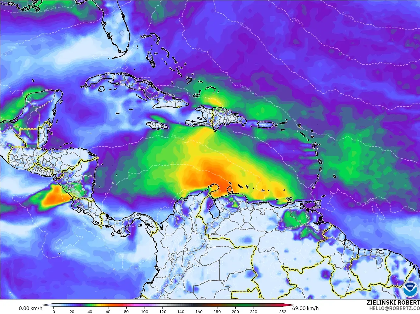 GFS modelo - Caribe, Ráfagas de viento