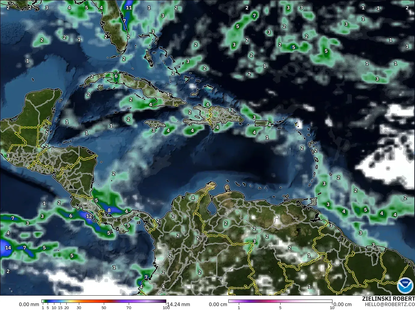 GFS modelo - Caribe, Precipitación, nubes y presión