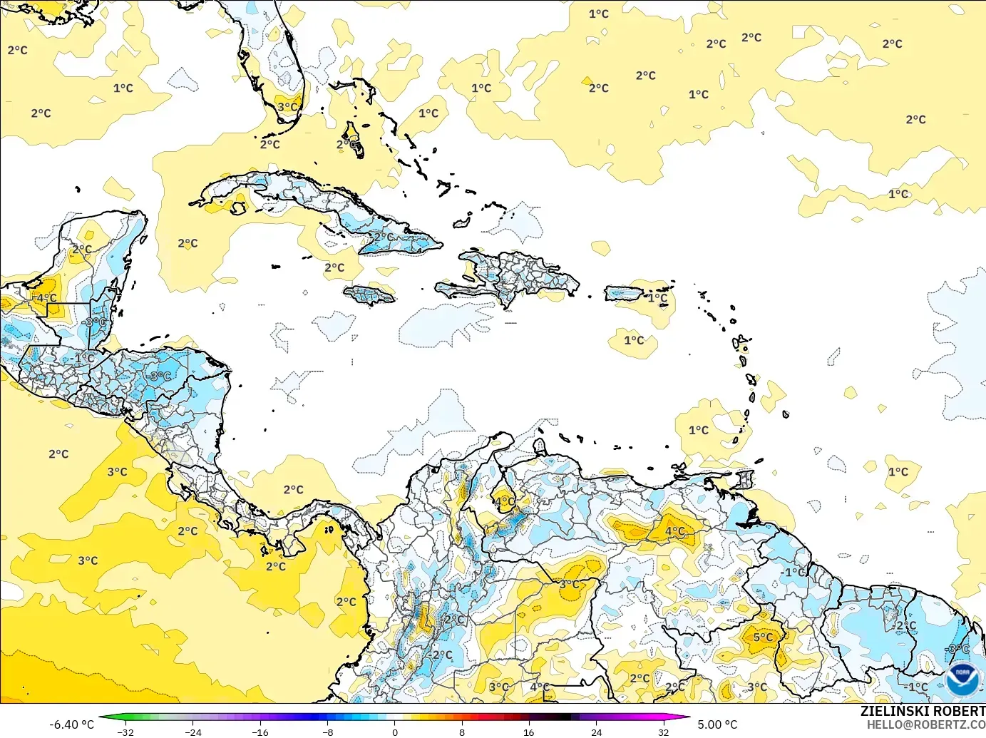 GFS modelo - Caribe, Anomalía de temperatura a 2 m