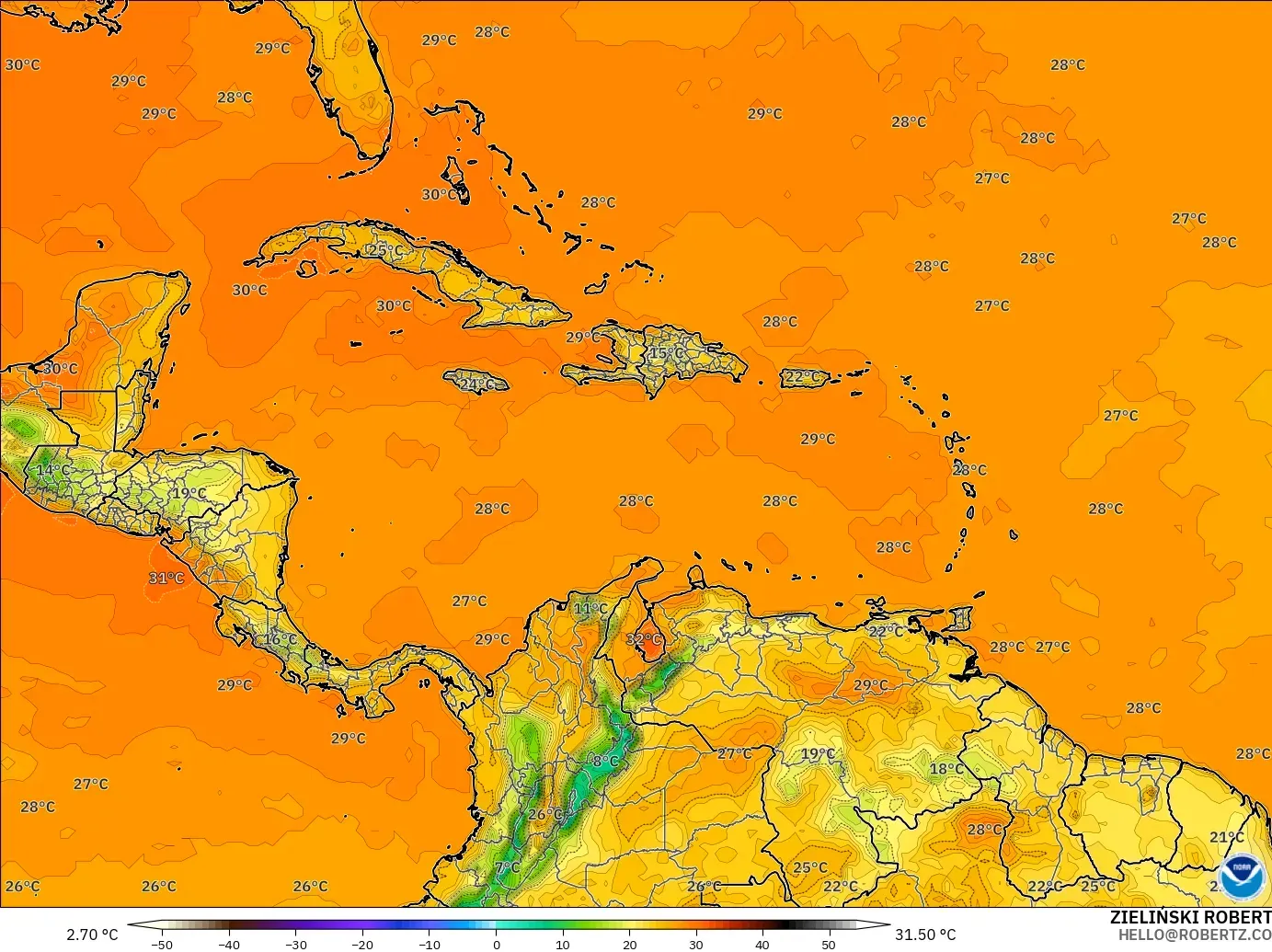 GFS modelo - Caribe, Temperatura a 2 m