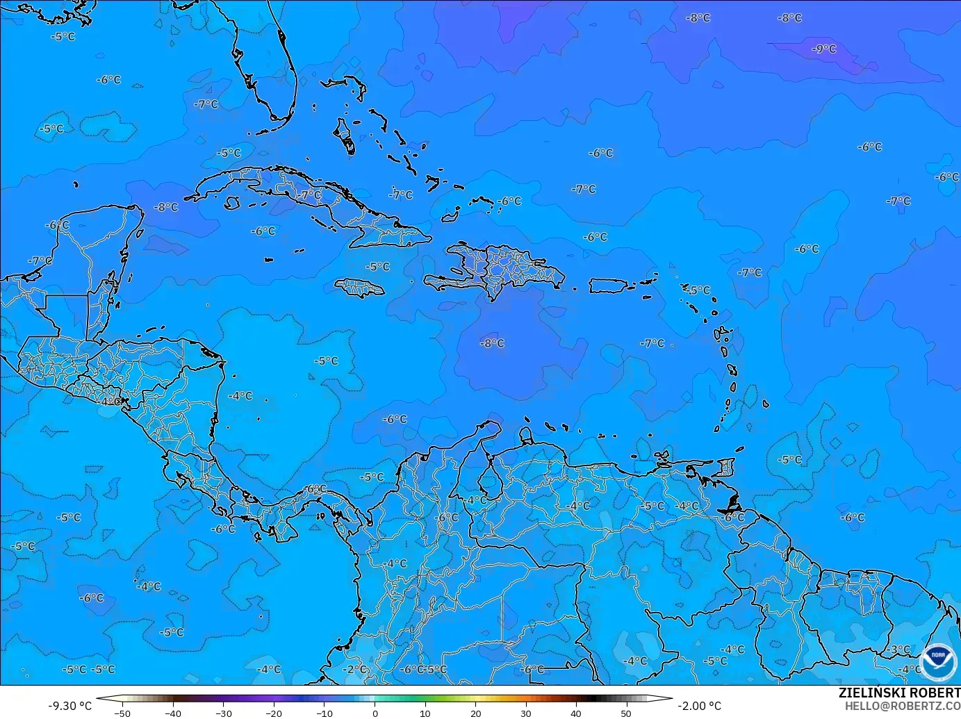 GFS modelo - Caribe, Temperatura a 500 hPa