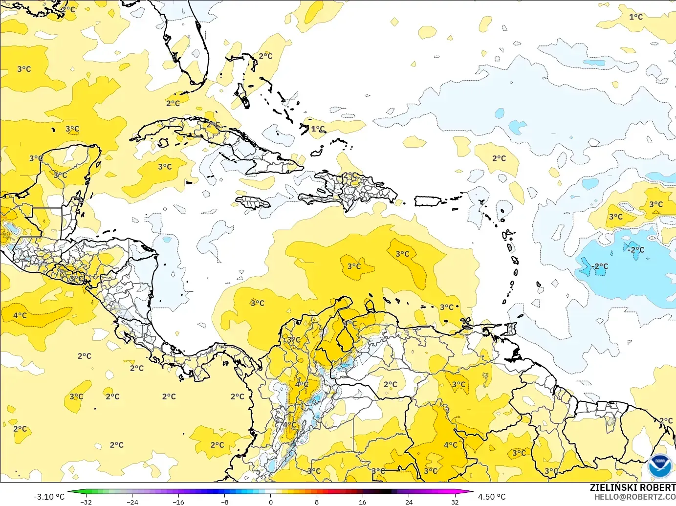 GFS modelo - Caribe, Anomalía de temperatura a 850 hPa