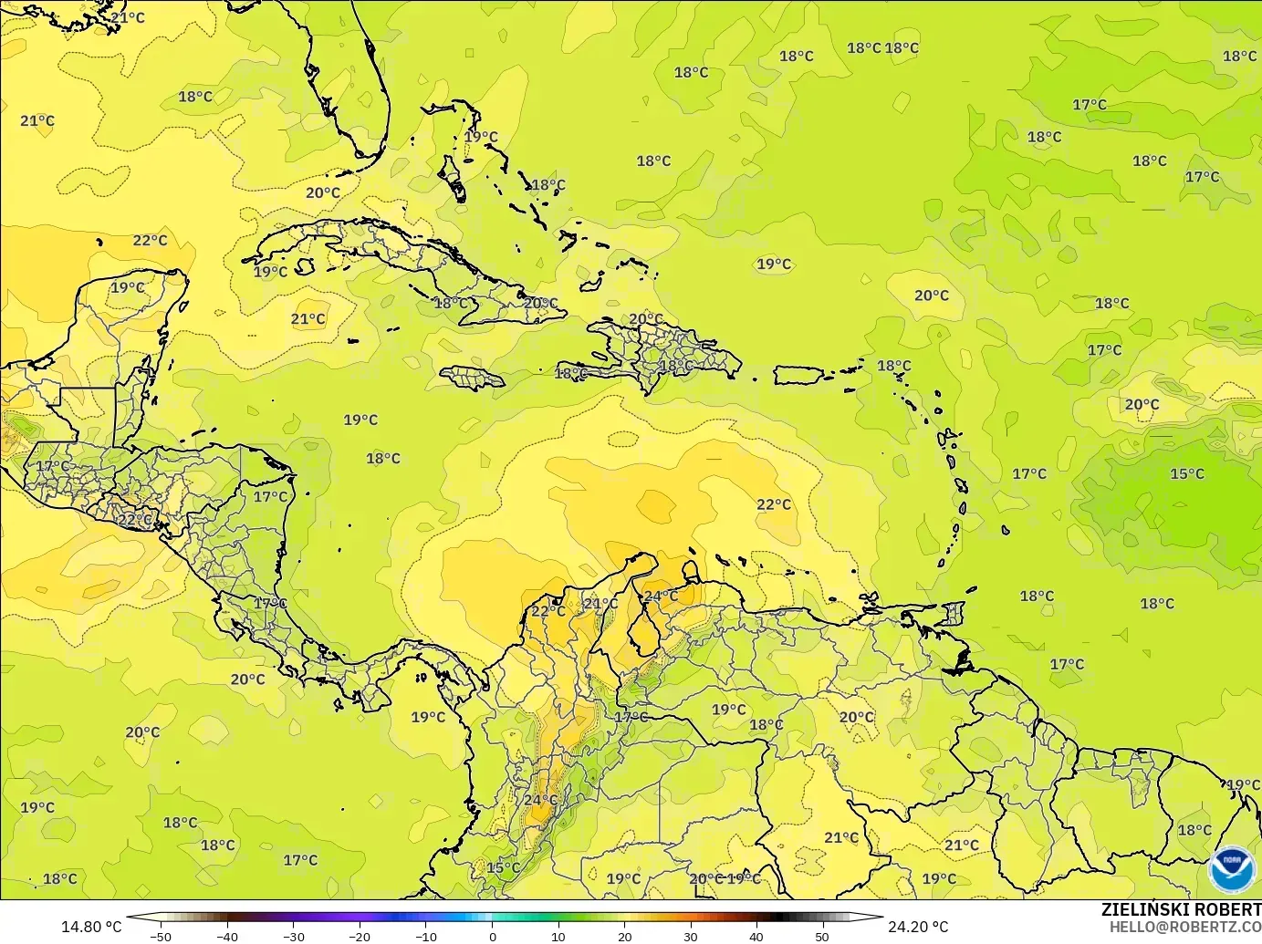 GFS modelo - Caribe, Temperatura a 850 hPa
