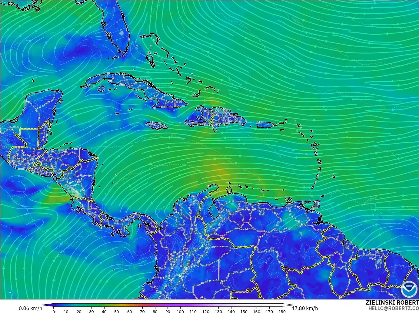 GFS modelo - Caribe, Viento a 10 m