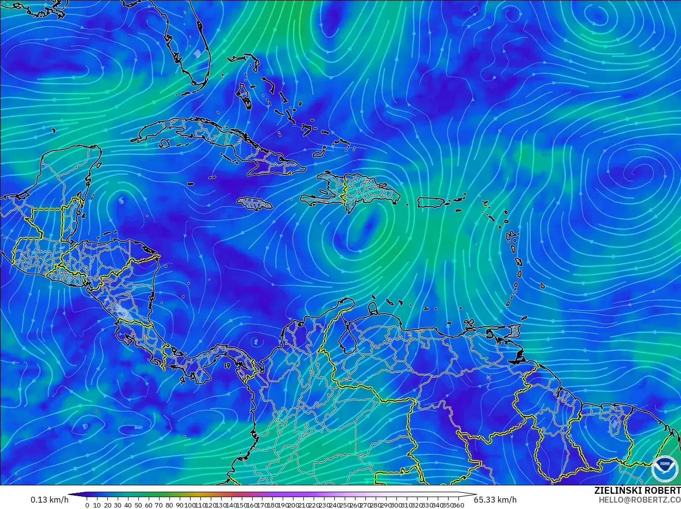 GFS modelo - Caribe, Viento a 300 hPa (corriente en chorro)
