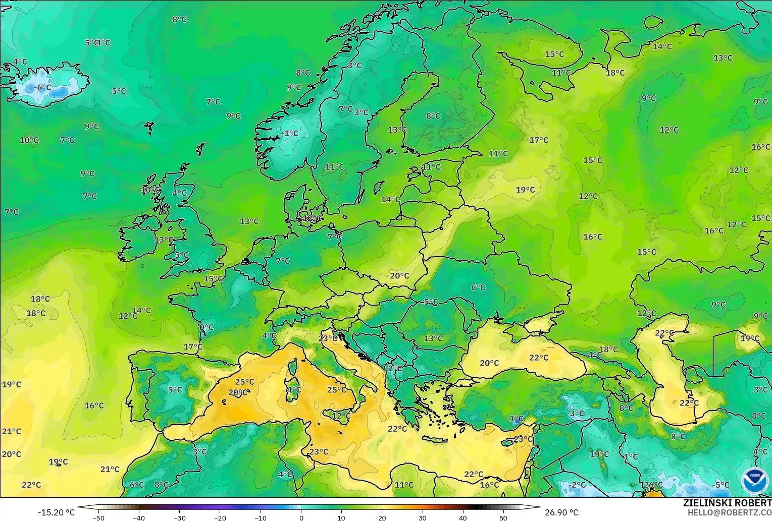 GFS modelo - Europa, Punto de rocío a 2 m