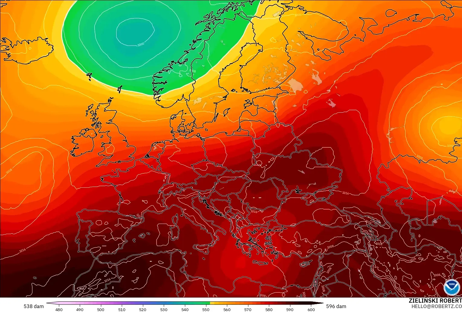GFS modelo - Europa, Altura geopotencial a 500 hPa