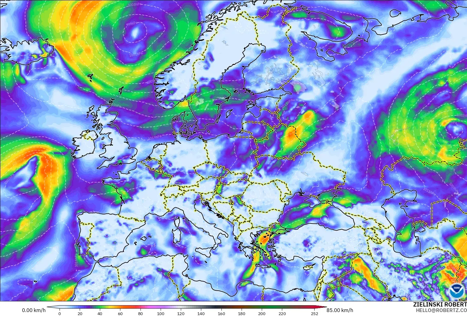 GFS modelo - Europa, Ráfagas de viento