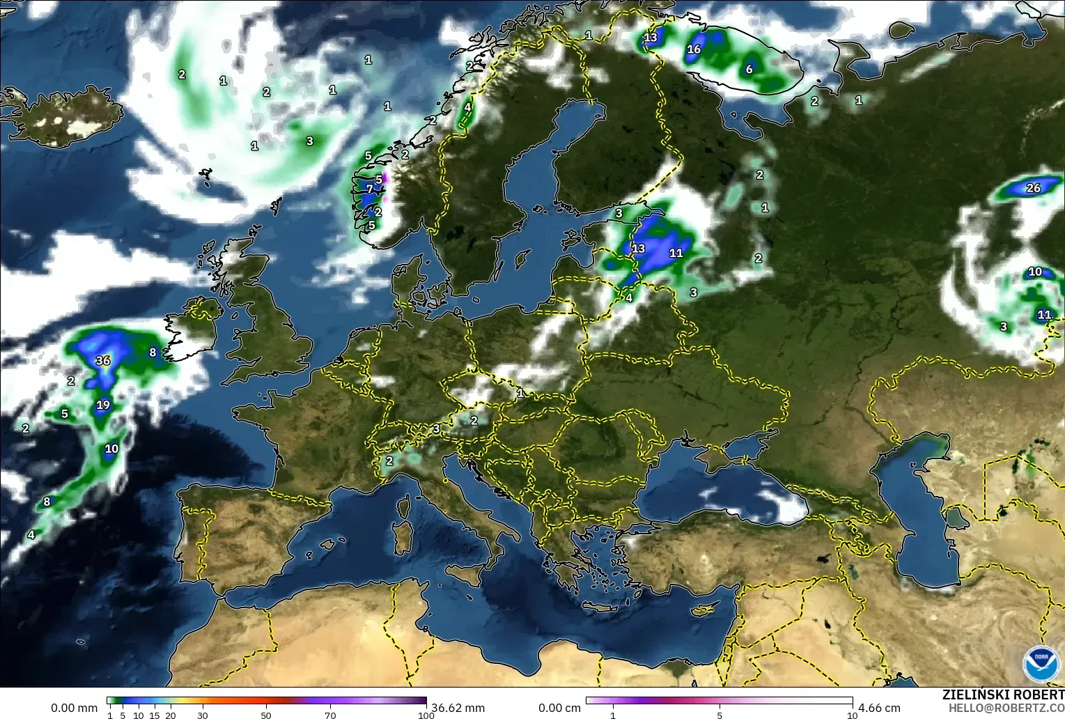 GFS modelo - Europa, Precipitación, nubes y presión