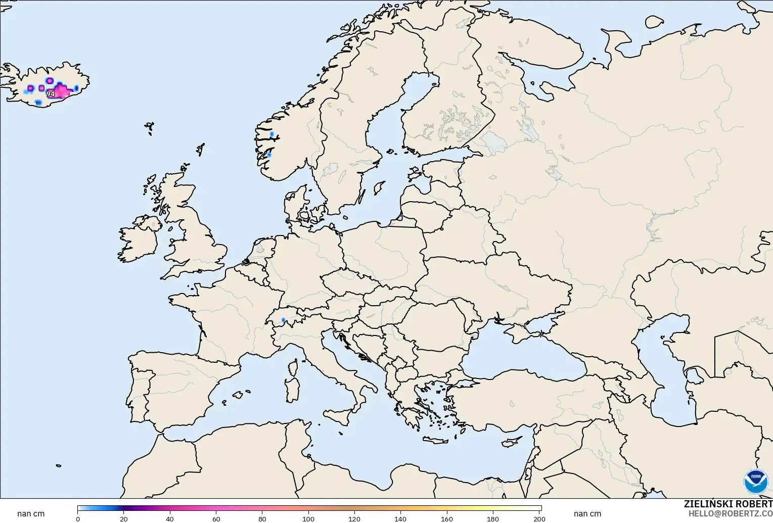 GFS modelo - Europa, Profundidad de nieve