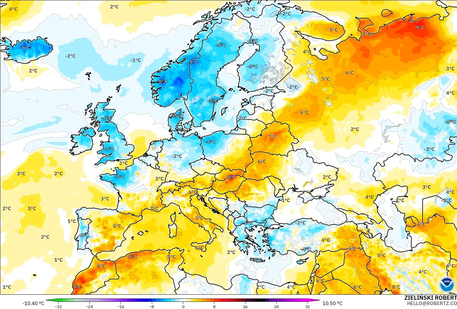 GFS modelo - Europa, Anomalía de temperatura a 2 m
