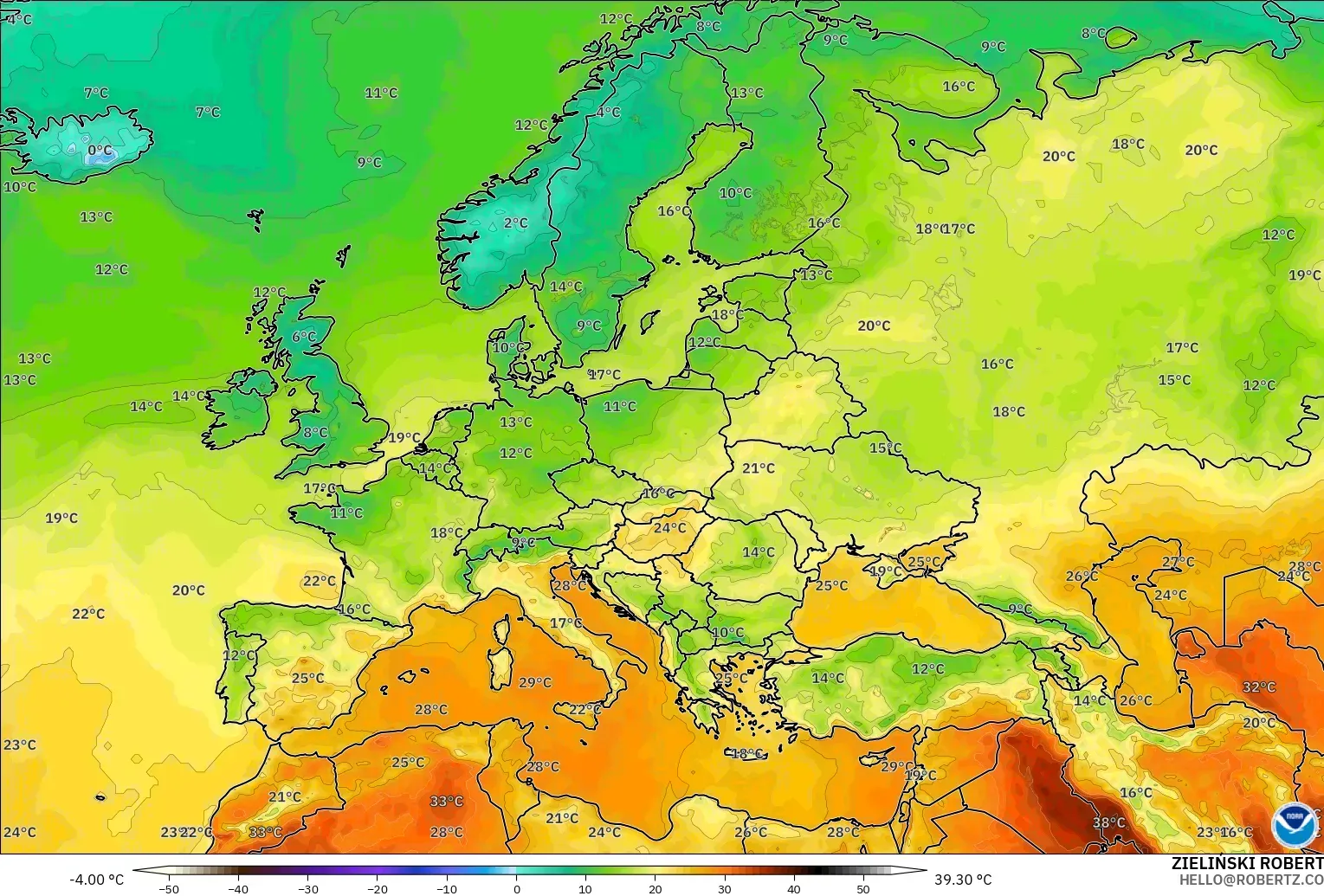 GFS modelo - Europa, Temperatura a 2 m