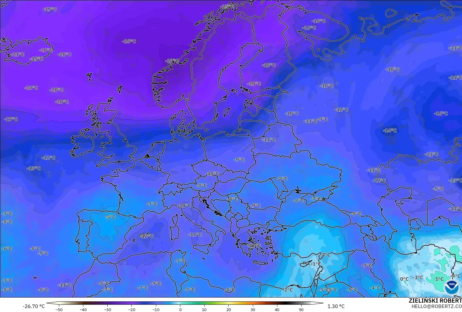 GFS modelo - Europa, Temperatura a 500 hPa