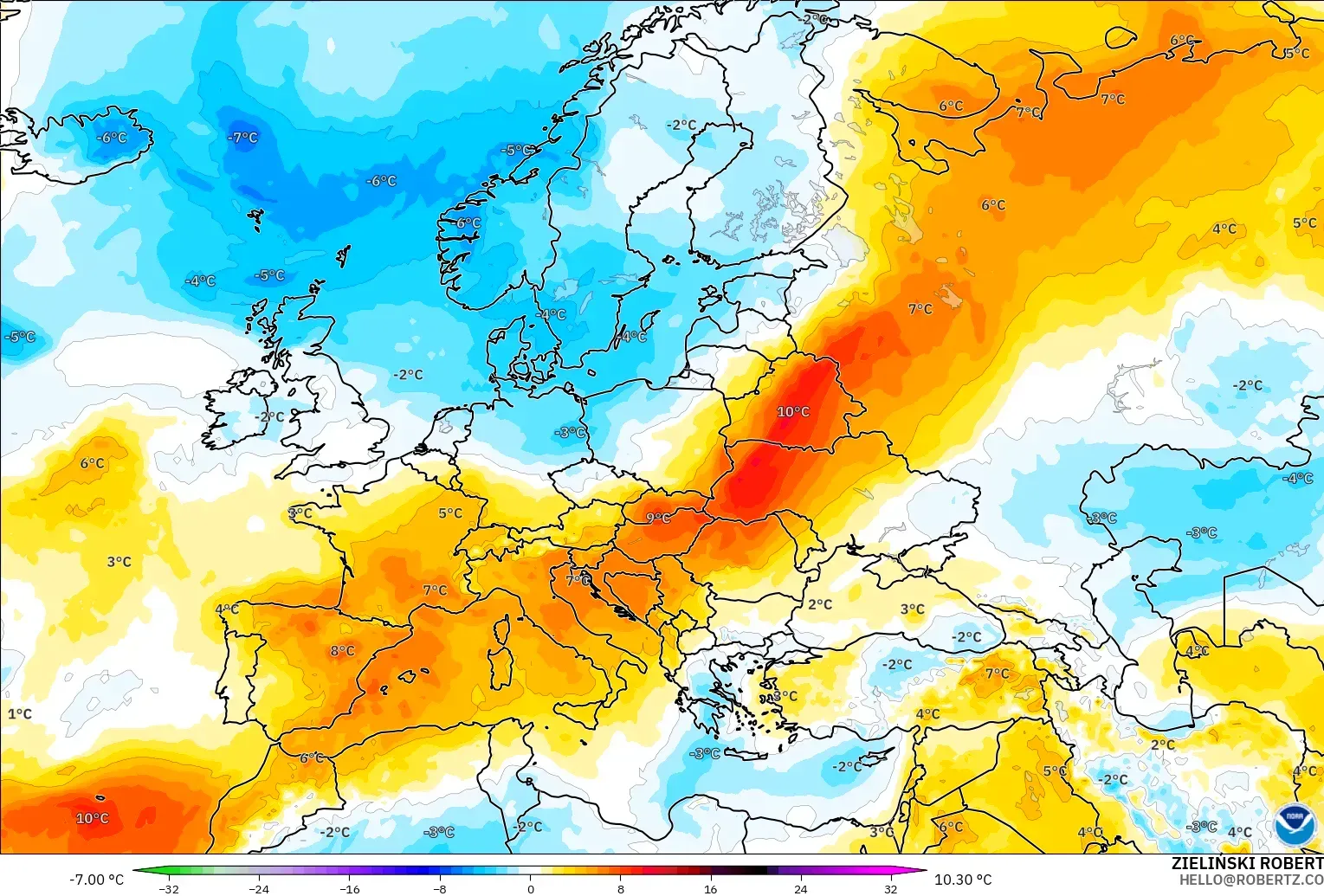 GFS modelo - Europa, Anomalía de temperatura a 850 hPa