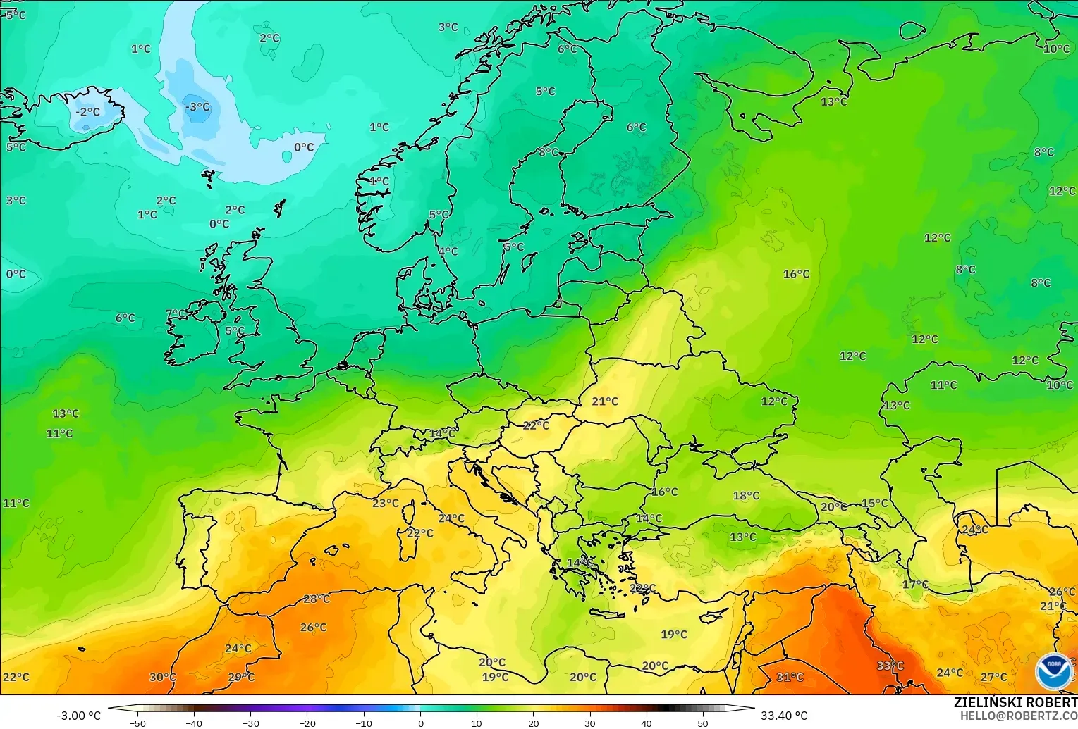 GFS modelo - Europa, Temperatura a 850 hPa