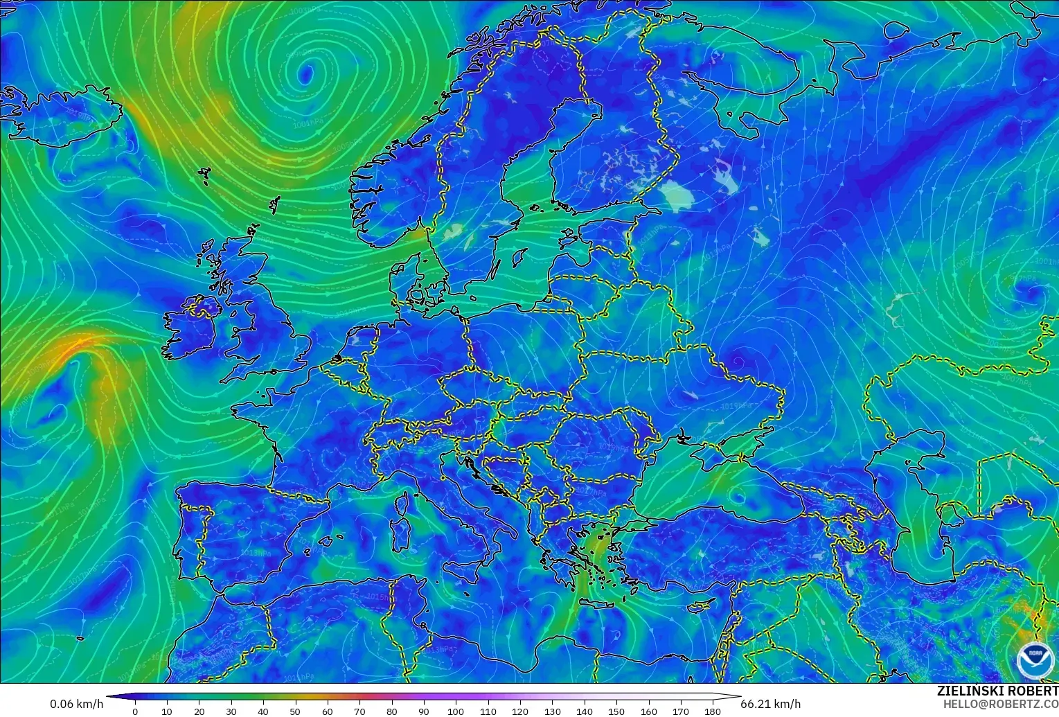 GFS modelo - Europa, Viento a 10 m