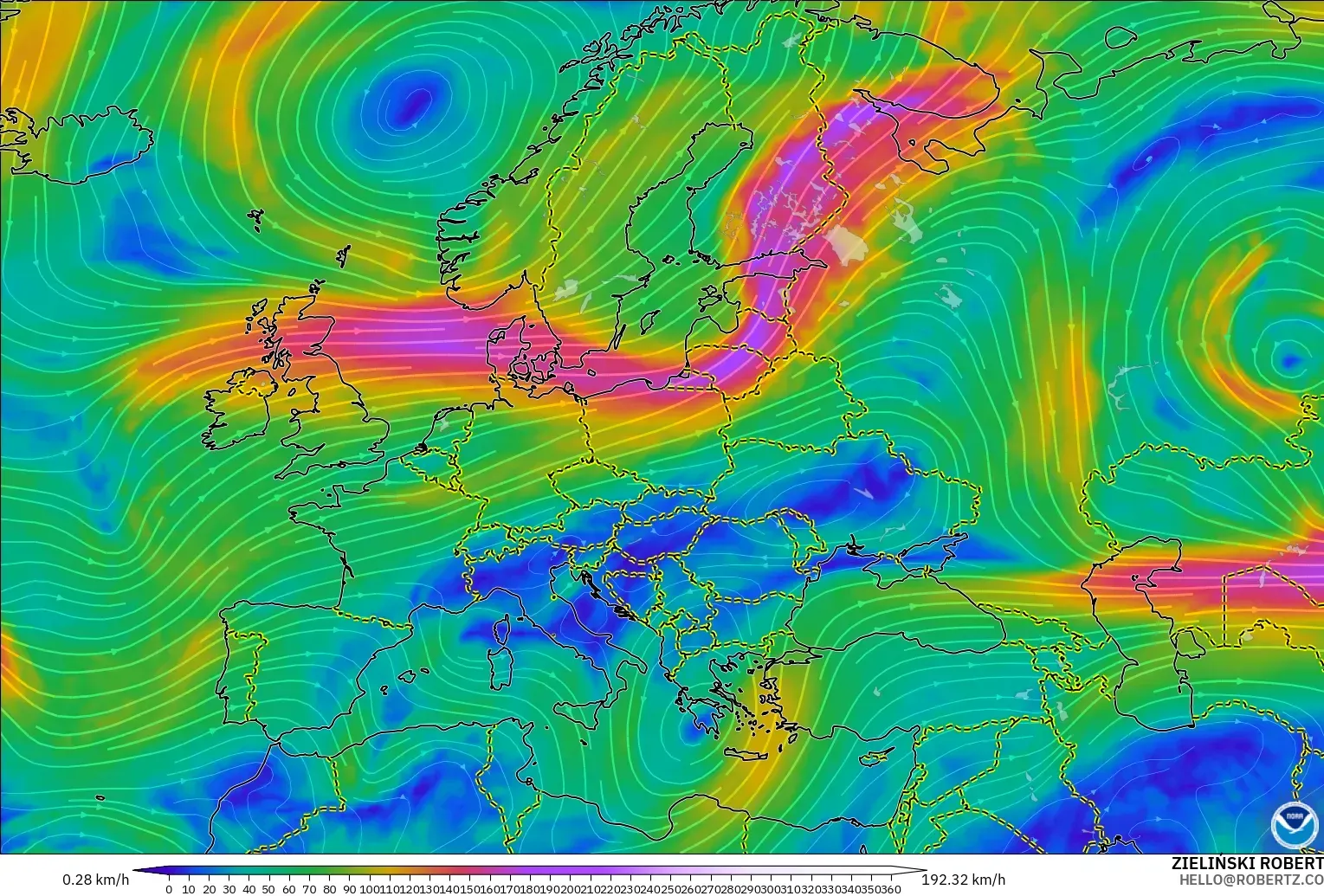 GFS modelo - Europa, Viento a 300 hPa (corriente en chorro)