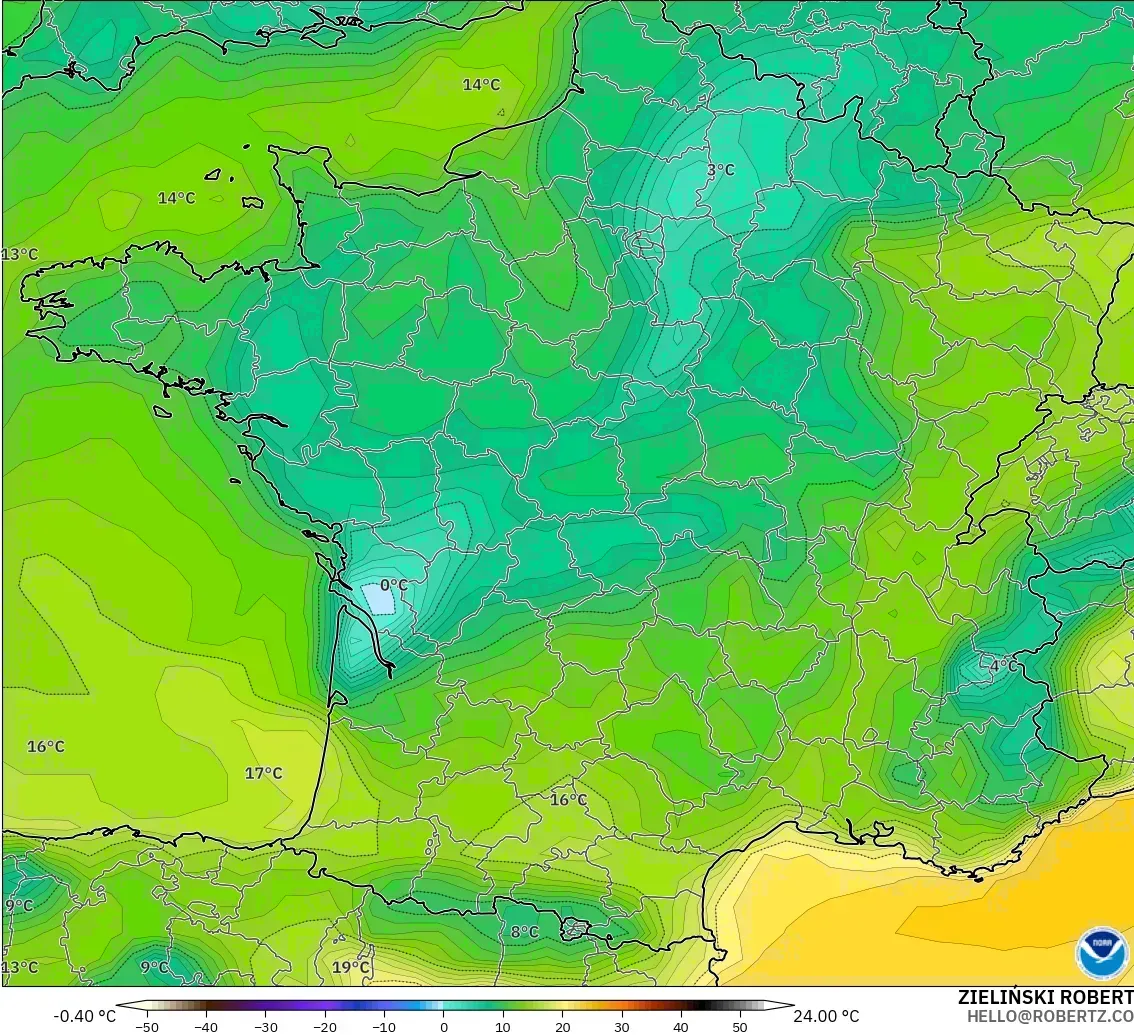 GFS modelo - Francia, Punto de rocío a 2 m