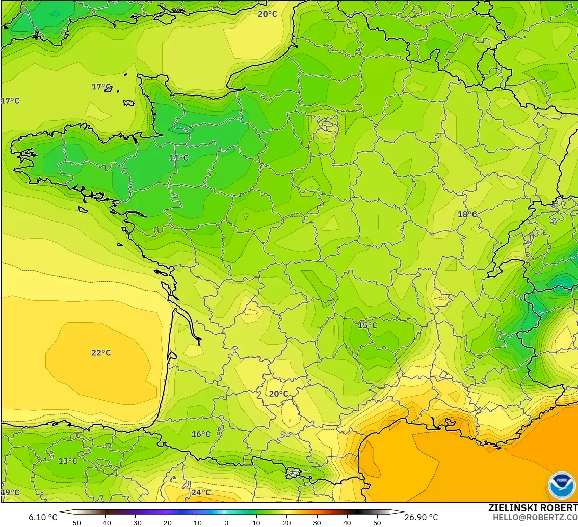 GFS modelo - Francia, Temperatura a 2 m