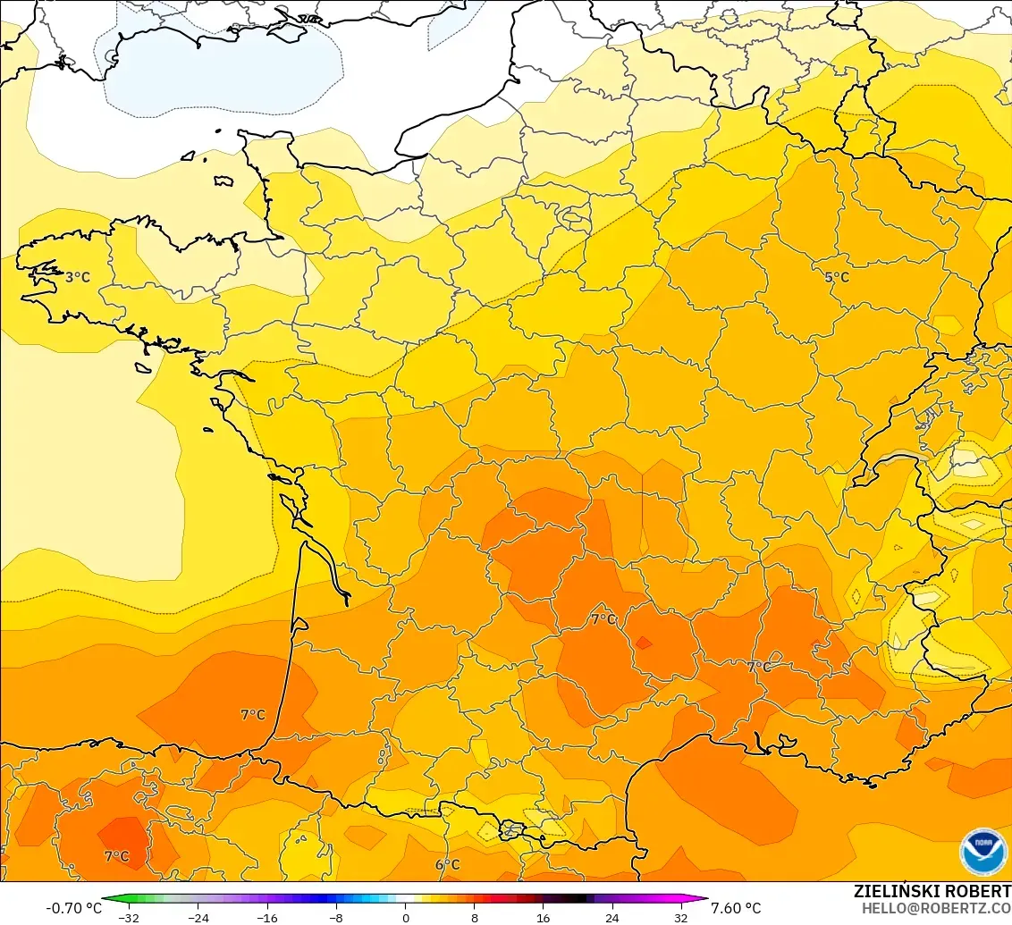 GFS modelo - Francia, Anomalía de temperatura a 850 hPa