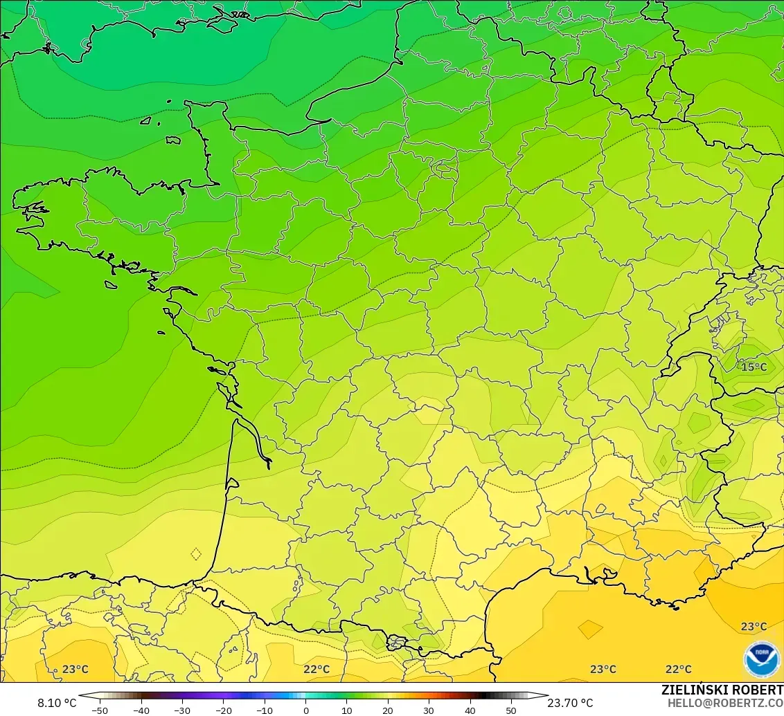 GFS modelo - Francia, Temperatura a 850 hPa