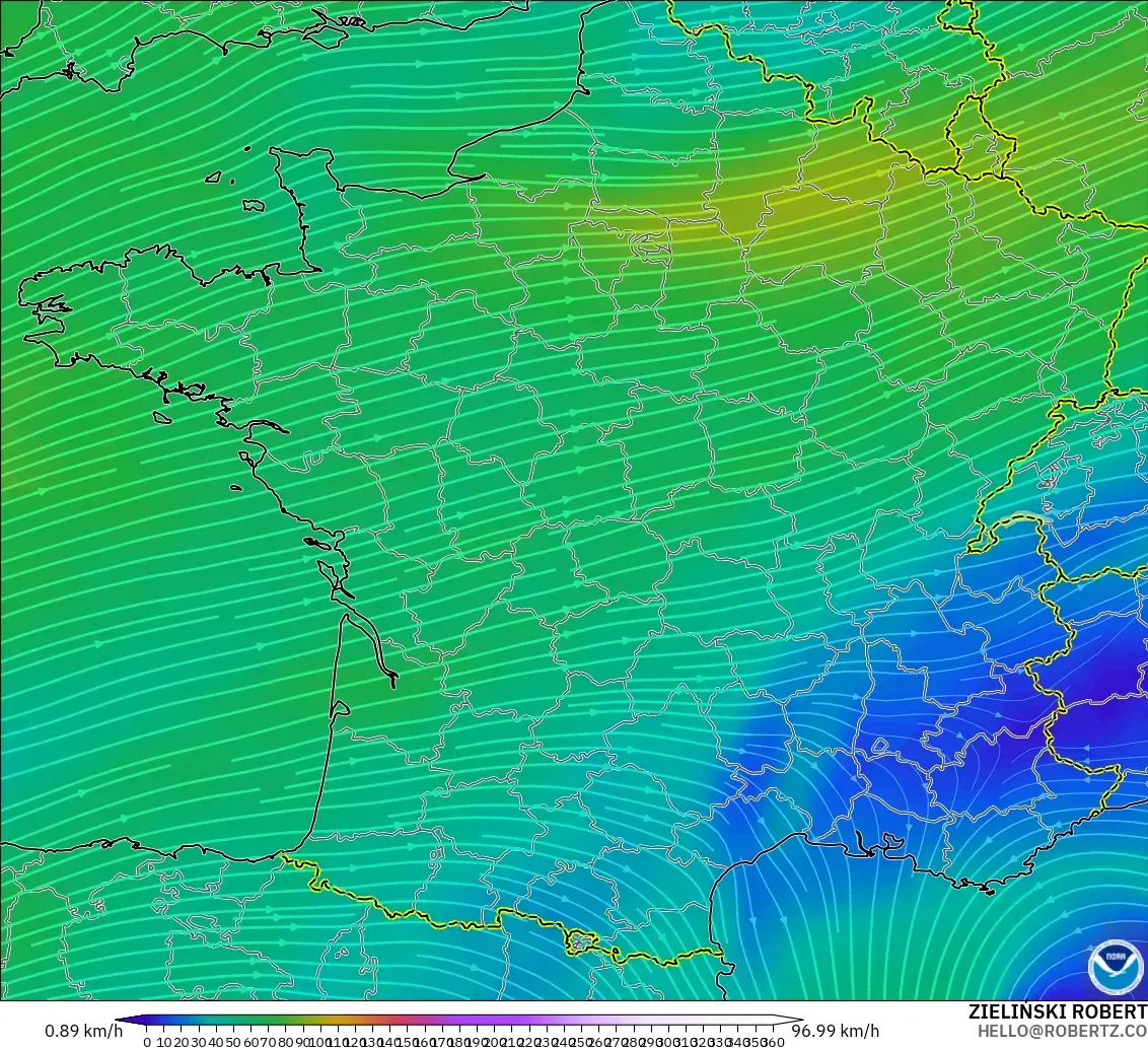 GFS modelo - Francia, Viento a 300 hPa (corriente en chorro)