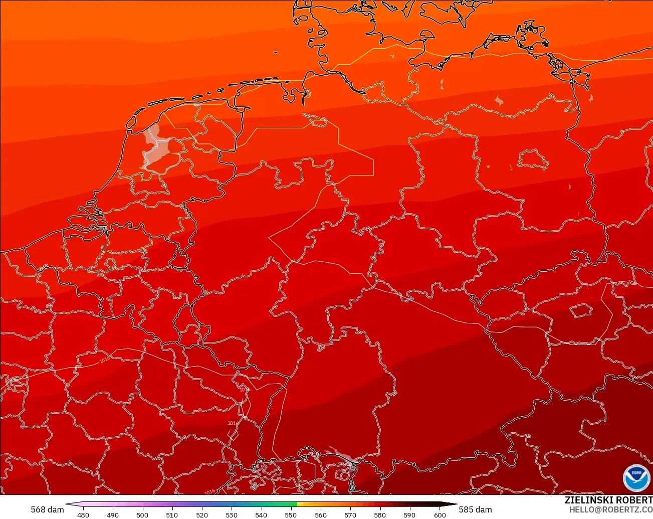 GFS modelo - Alemania, Altura geopotencial a 500 hPa
